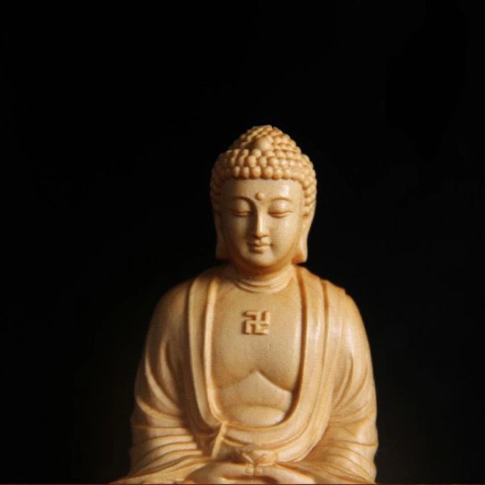 Wooden Buddha Figurine – Small Hand-Carved Statue, 8cm Buddhist Ornament for Desk, Home & Yoga Studio Decor