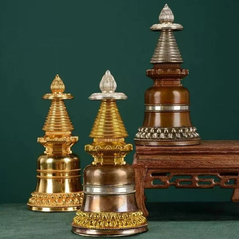 Copper Buddhist Stupa Statue – Hand-Carved Reliquary Ornament, Gold/Silver/Bronze Finish for Altar & Home Decor