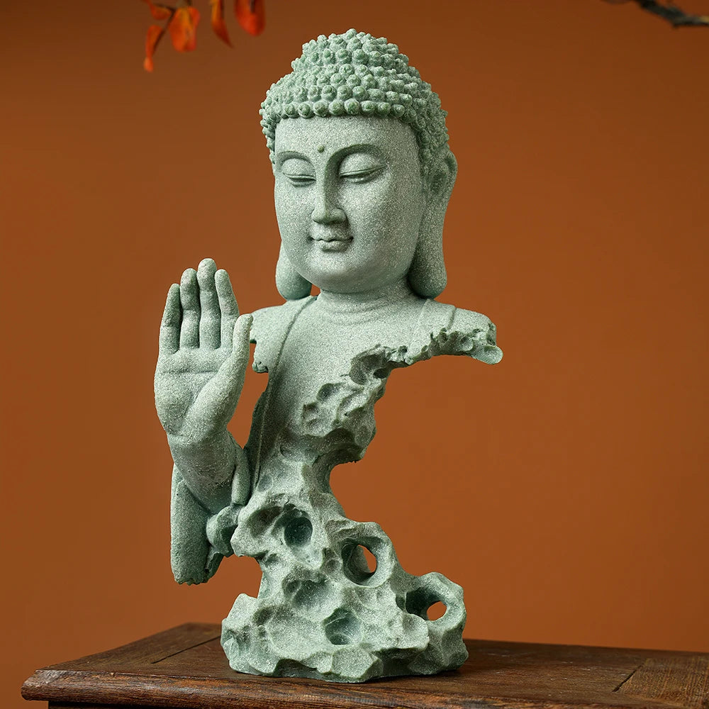 Stone Buddha Bust Statue – Hand-Carved Sculpture with Mudra, Fearlessness & Silence Gestures for Home & Altar Decor