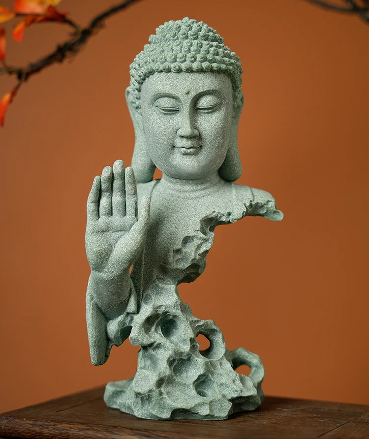Stone Buddha Bust Statue – Hand-Carved Sculpture with Mudra, Fearlessness & Silence Gestures for Home & Altar Decor