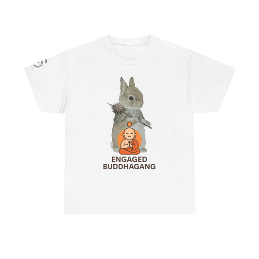 Engaged Buddhagang T-Shirt, Quirky Animal Tee, Banner of Victory, Spiritual Gift, Casual Square Graphic Tee, Perfect for Mindfulness