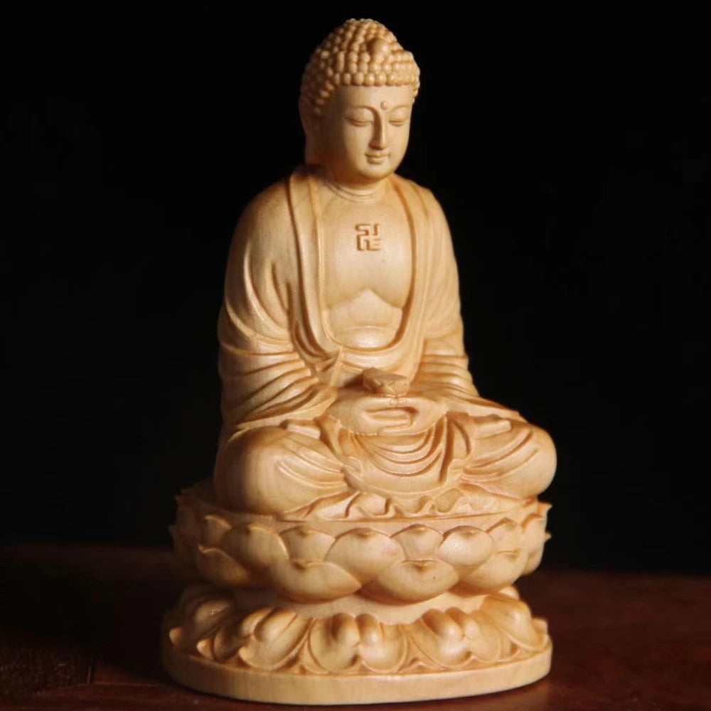Wooden Buddha Figurine – Small Hand-Carved Statue, 8cm Buddhist Ornament for Desk, Home & Yoga Studio Decor