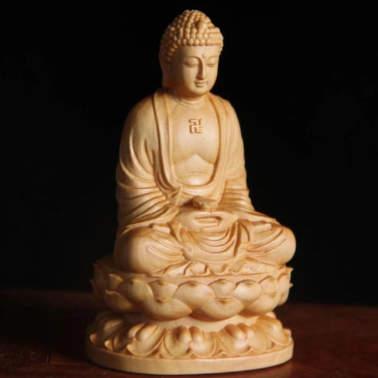 Wooden Buddha Figurine – Small Hand-Carved Statue, 8cm Buddhist Ornament for Desk, Home & Yoga Studio Decor
