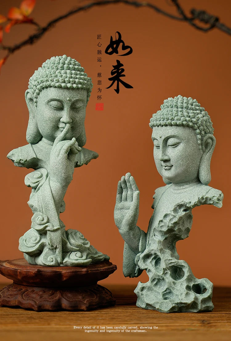 Stone Buddha Bust Statue – Hand-Carved Sculpture with Mudra, Fearlessness & Silence Gestures for Home & Altar Decor