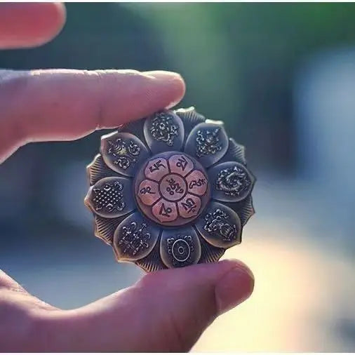 Golden Dharma Wheel – Copper Alloy Spinner with Six-Word Mantra-- OM MANI PADME HUM-- Buddhist Tantra Craft for Meditation & Altar Decor
