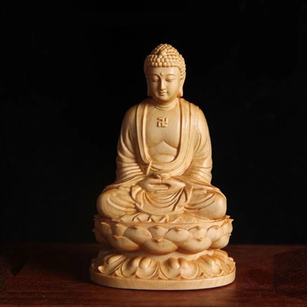 Wooden Buddha Figurine – Small Hand-Carved Statue, 8cm Buddhist Ornament for Desk, Home & Yoga Studio Decor