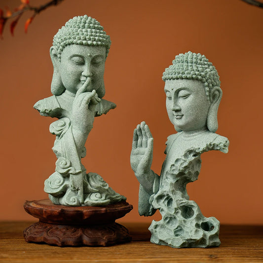 Stone Buddha Bust Statue – Hand-Carved Sculpture with Mudra, Fearlessness & Silence Gestures for Home & Altar Decor