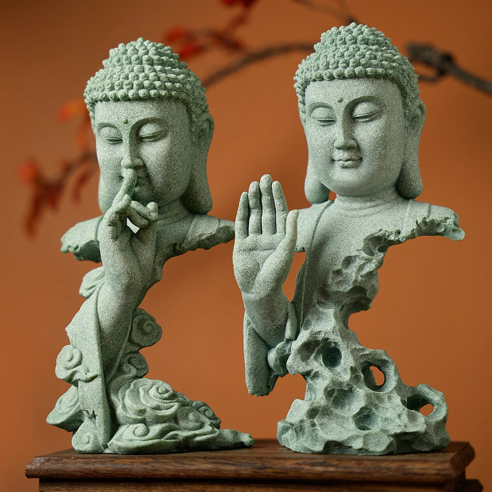 Stone Buddha Bust Statue – Hand-Carved Sculpture with Mudra, Fearlessness & Silence Gestures for Home & Altar Decor
