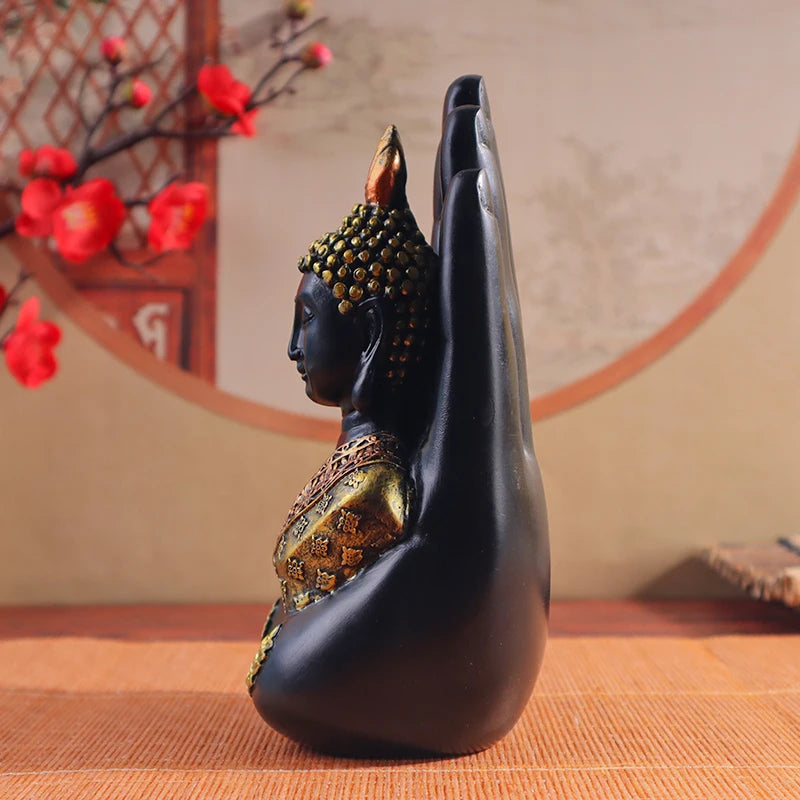 Buddha-in-Palm Statue – Resin Craft Sculpture, Religious Figurine for Home & Altar Decor