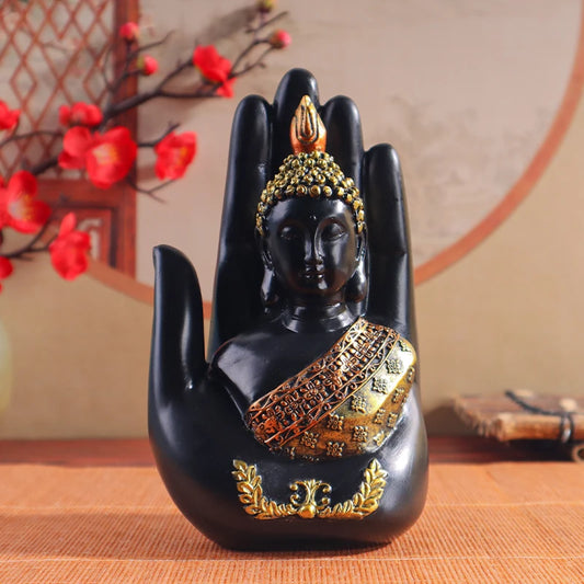 Buddha-in-Palm Statue – Resin Craft Sculpture, Religious Figurine for Home & Altar Decor