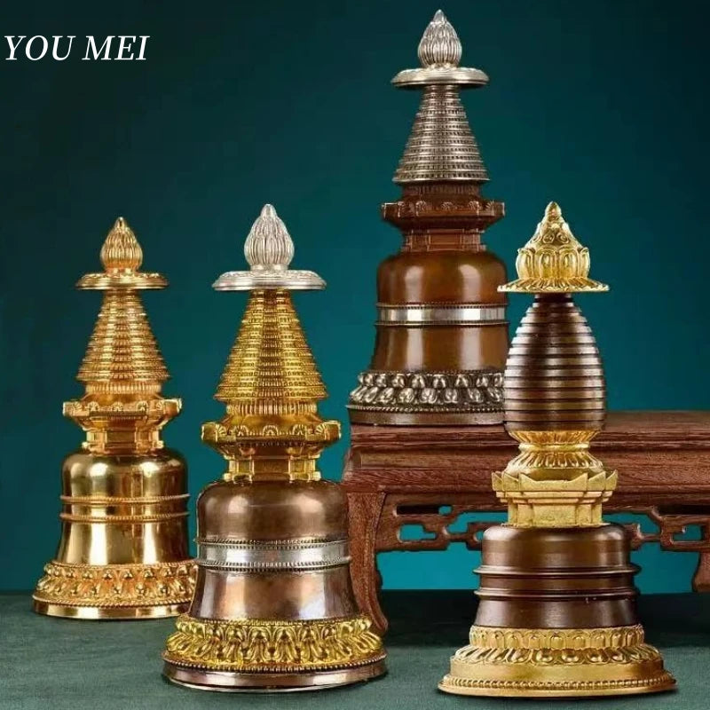 Copper Buddhist Stupa Statue – Hand-Carved Reliquary Ornament, Gold/Silver/Bronze Finish for Altar & Home Decor