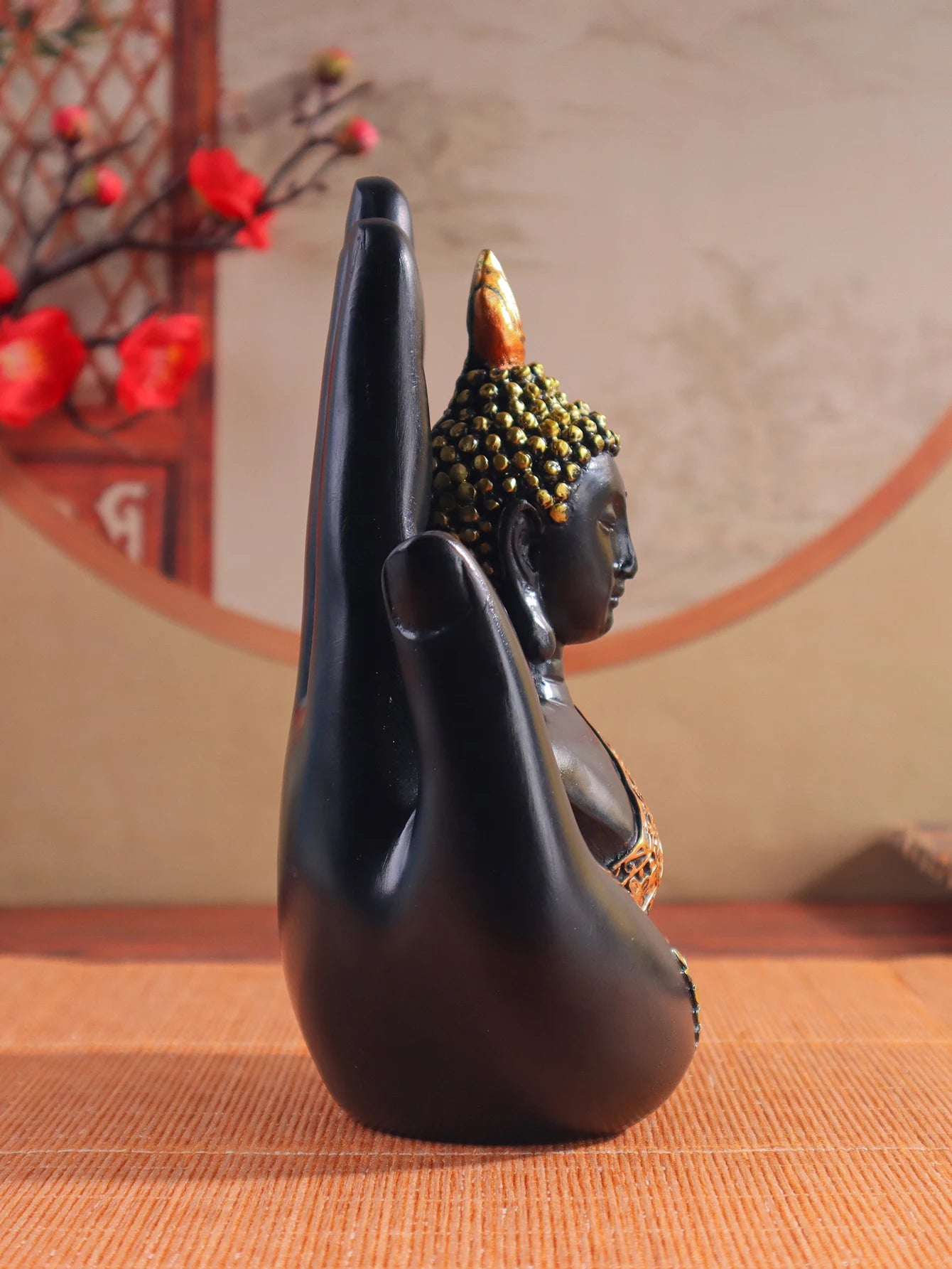 Buddha-in-Palm Statue – Resin Craft Sculpture, Religious Figurine for Home & Altar Decor