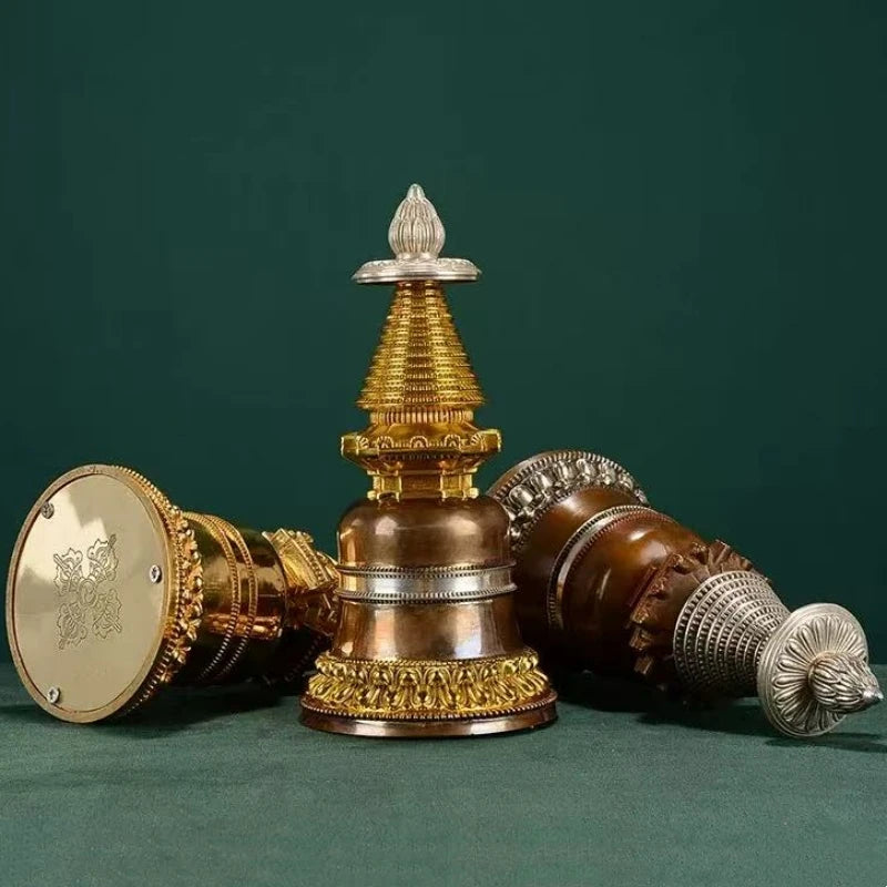 Copper Buddhist Stupa Statue – Hand-Carved Reliquary Ornament, Gold/Silver/Bronze Finish for Altar & Home Decor