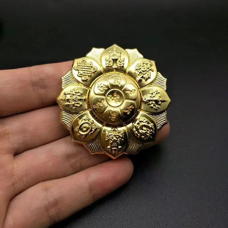 Golden Dharma Wheel – Copper Alloy Spinner with Six-Word Mantra-- OM MANI PADME HUM-- Buddhist Tantra Craft for Meditation & Altar Decor