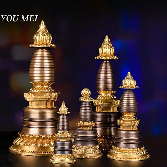 Copper Buddhist Stupa Statue – Hand-Carved Reliquary Ornament, Gold/Silver/Bronze Finish for Altar & Home Decor
