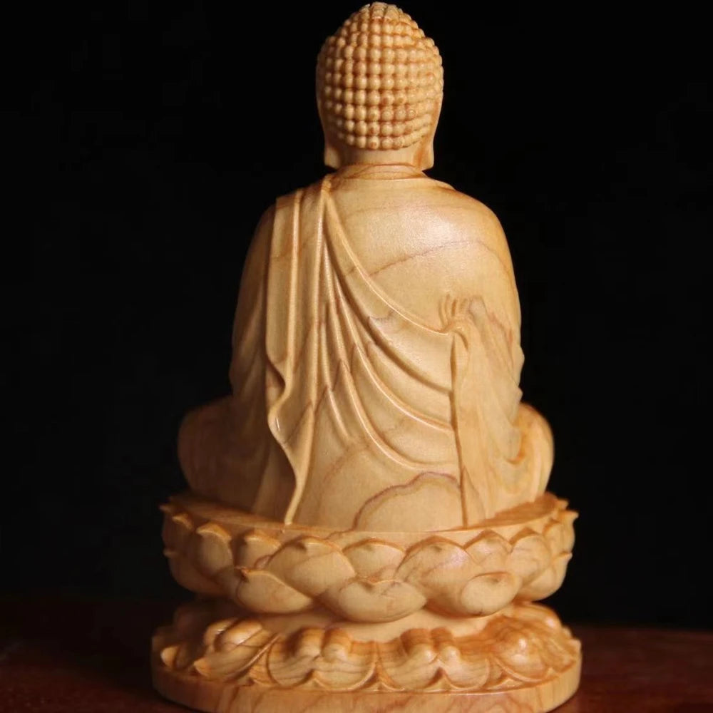 Wooden Buddha Figurine – Small Hand-Carved Statue, 8cm Buddhist Ornament for Desk, Home & Yoga Studio Decor