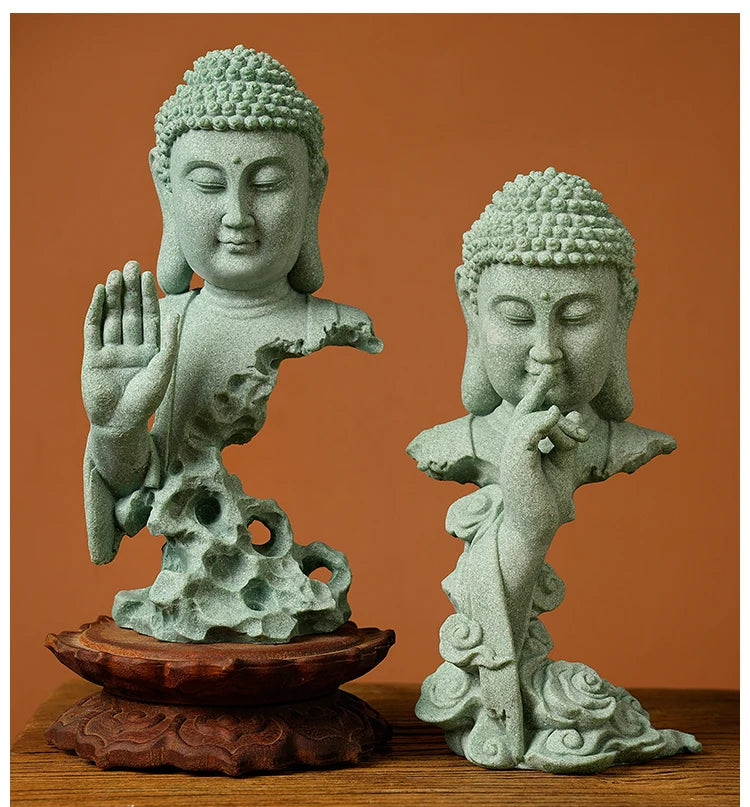 Stone Buddha Bust Statue – Hand-Carved Sculpture with Mudra, Fearlessness & Silence Gestures for Home & Altar Decor