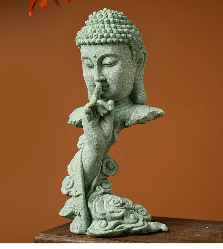 Stone Buddha Bust Statue – Hand-Carved Sculpture with Mudra, Fearlessness & Silence Gestures for Home & Altar Decor