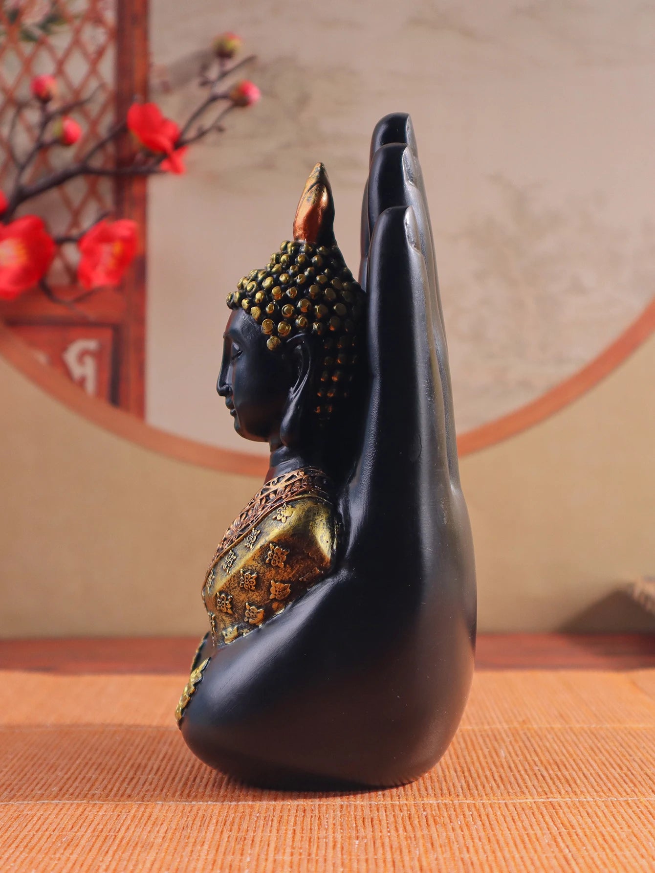 Buddha-in-Palm Statue – Resin Craft Sculpture, Religious Figurine for Home & Altar Decor