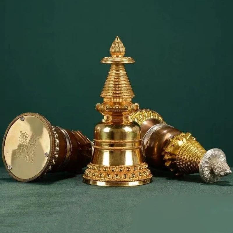 Copper Buddhist Stupa Statue – Hand-Carved Reliquary Ornament, Gold/Silver/Bronze Finish for Altar & Home Decor