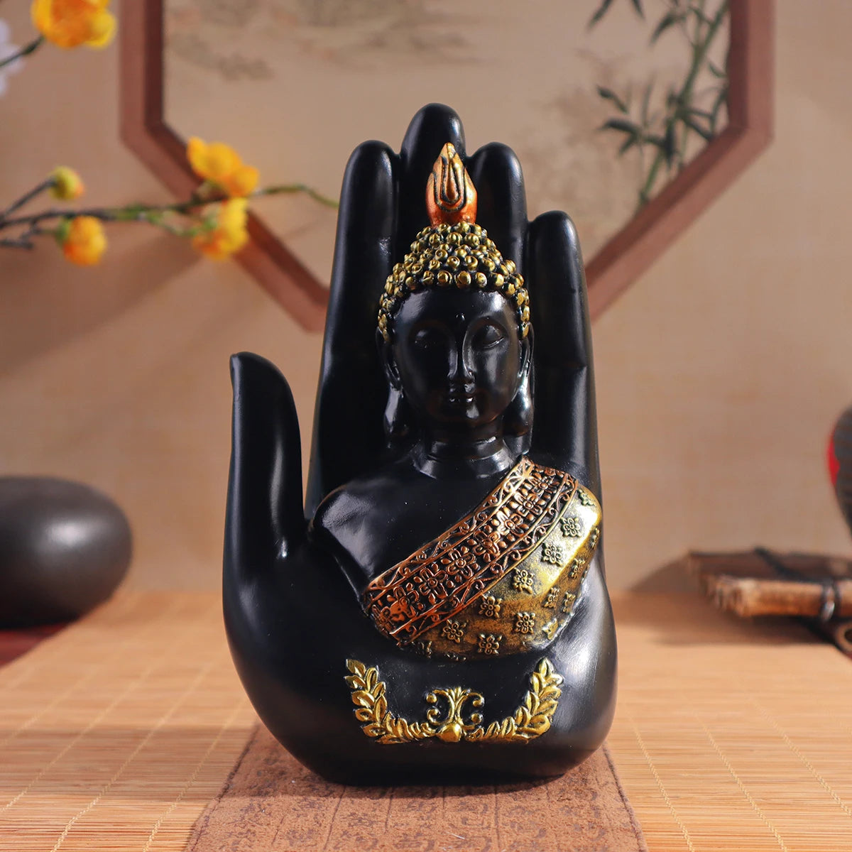 Buddha-in-Palm Statue – Resin Craft Sculpture, Religious Figurine for Home & Altar Decor