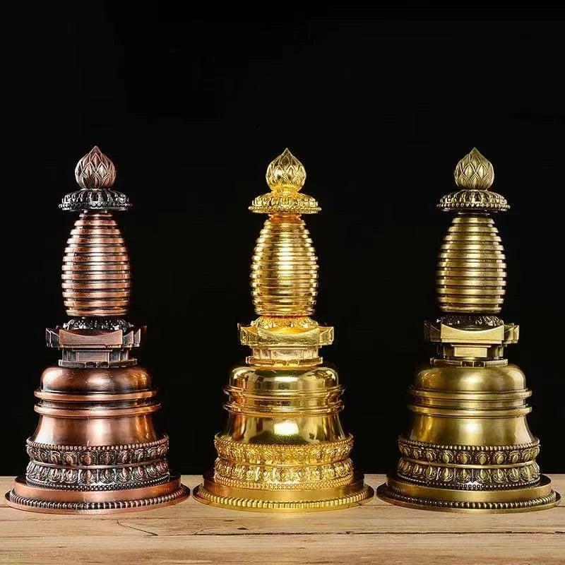 Copper Buddhist Stupa Statue – Hand-Carved Reliquary Ornament, Gold/Silver/Bronze Finish for Altar & Home Decor