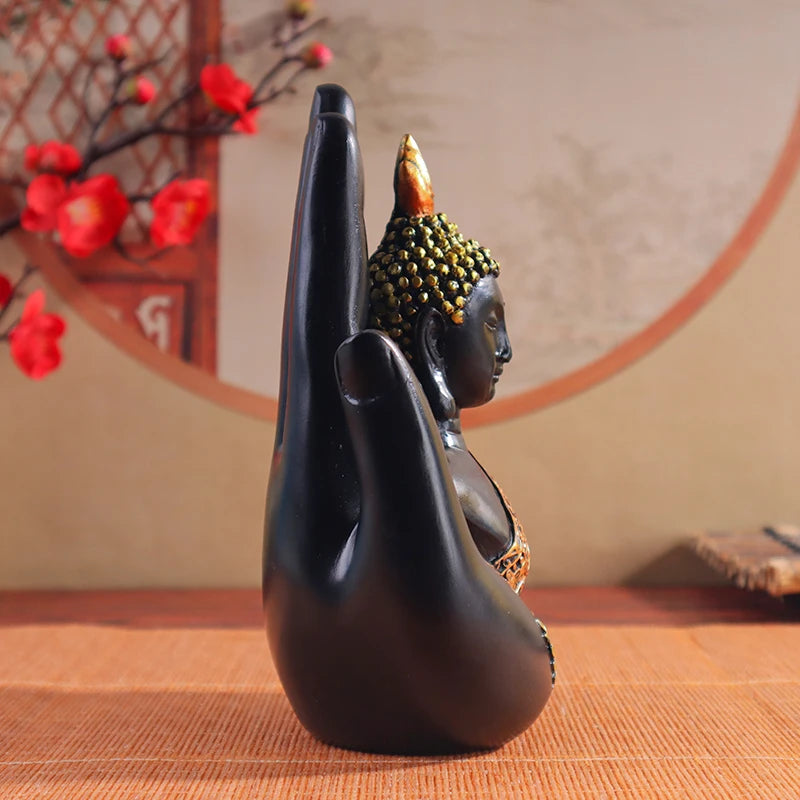 Buddha-in-Palm Statue – Resin Craft Sculpture, Religious Figurine for Home & Altar Decor
