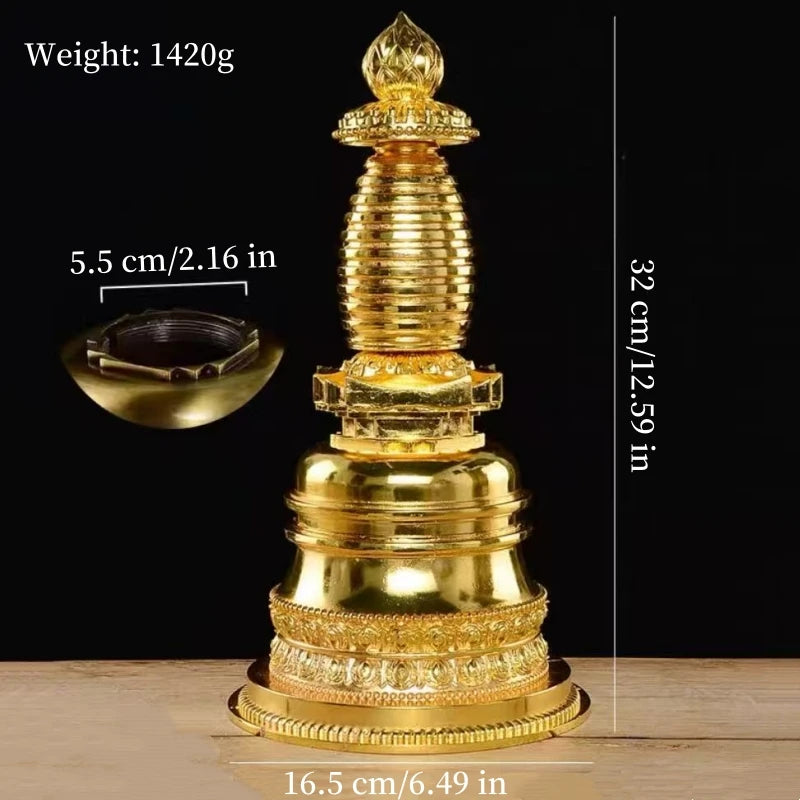 Copper Buddhist Stupa Statue – Hand-Carved Reliquary Ornament, Gold/Silver/Bronze Finish for Altar & Home Decor